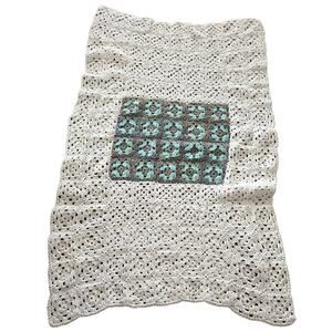 Granny Knit Baby Blanket/Throw Crochet White Teal Gray